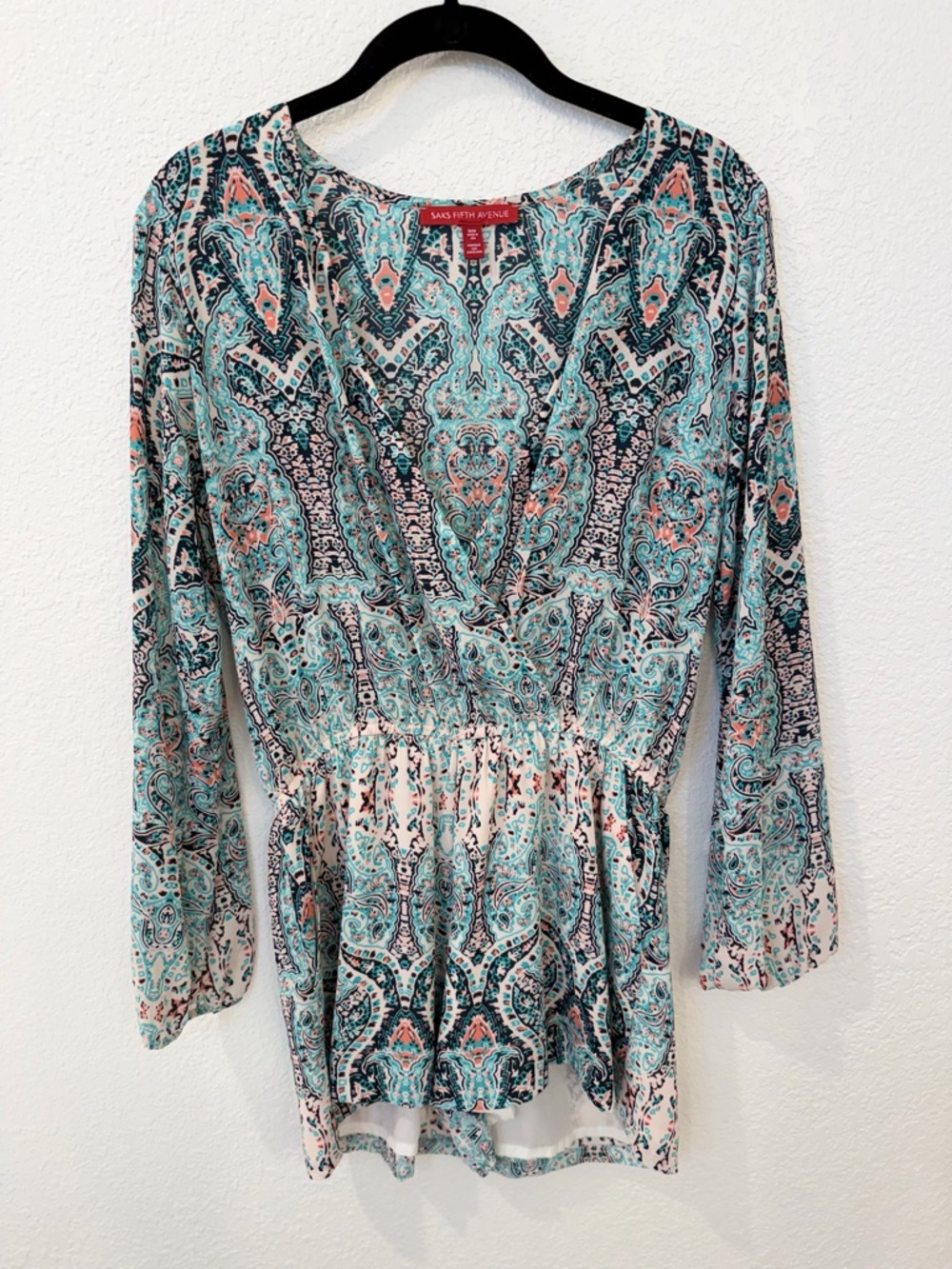 Saks Fifth Avenue Teal, Coral & White Paisley V-Neck Long-Sleeve romper